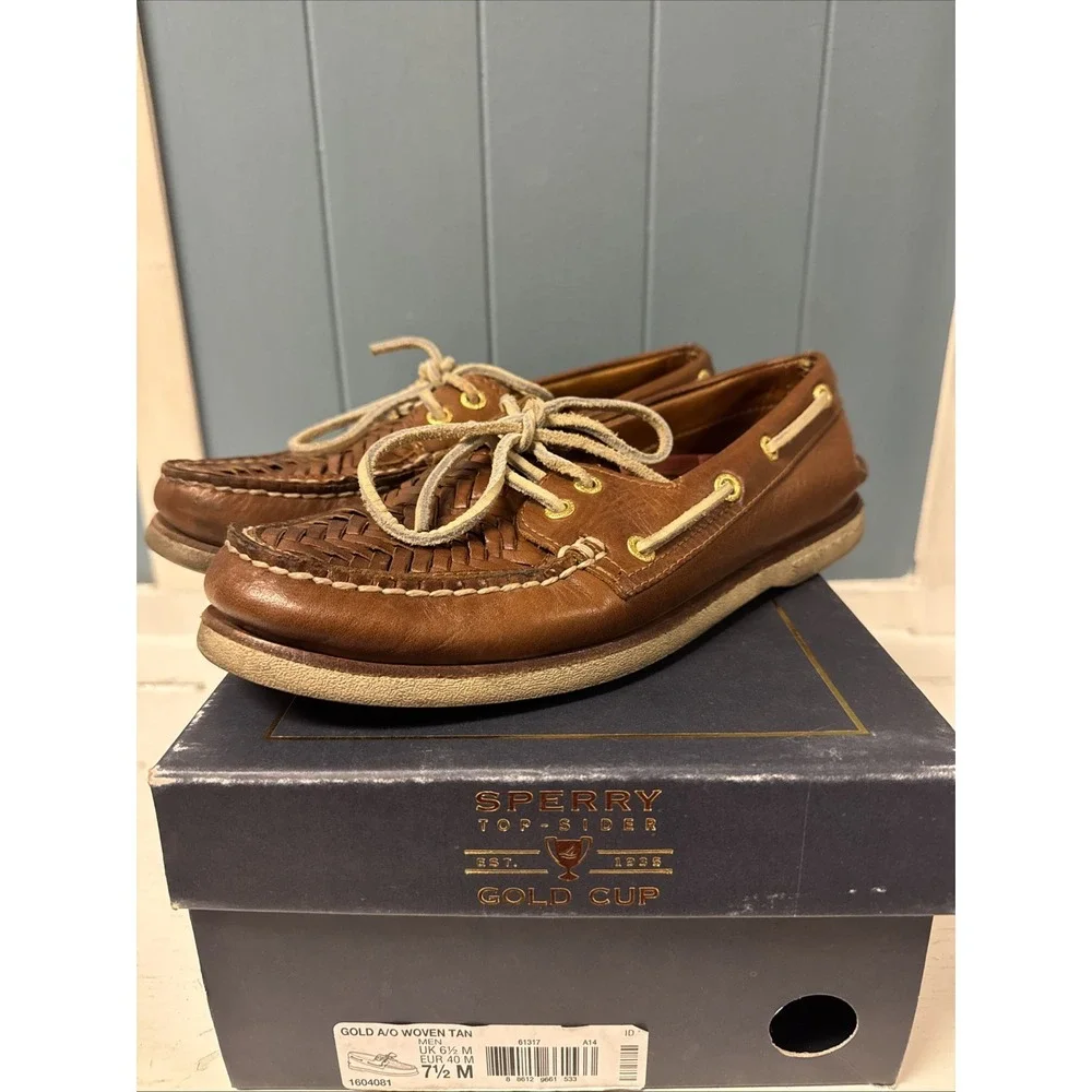 Sperry Gold Cup‎ Leather Woven Tan Boat Shoes Men's Size 7.5 M
